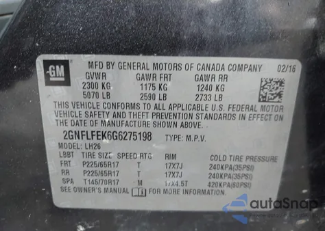 2016 Chevrolet Equinox Lt из США, поврежденный, VIN 2GNFLFEK6G6275198